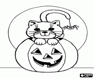 desenho de Uma abóbora e um gato no Halloween para colorir