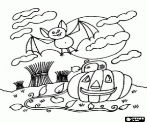 desenho de Abóbora e morcego no Halloween para colorir