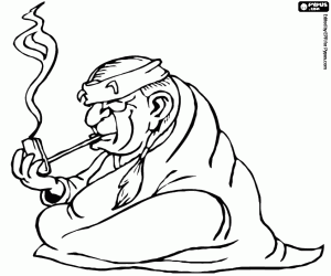 desenho de Um ancião índio fumando o cachimbo para colorir