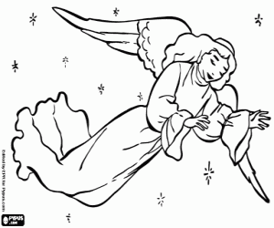 desenho de Anjo de Natal no céu para colorir