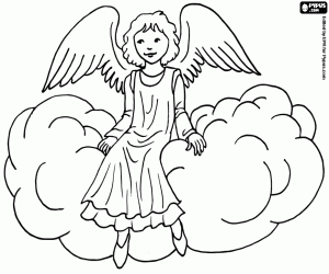 desenho de Anjo do Natal sentado em uma nuvem para colorir