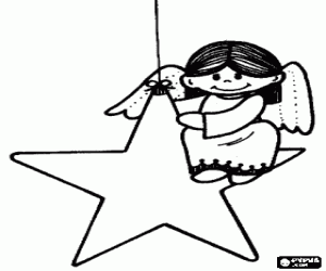 desenho de Anjo sentado sobre uma estrela para colorir