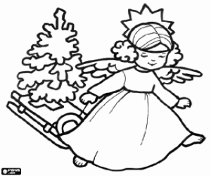 desenho de Um anjo, o trenó e a árvore de Natal para colorir