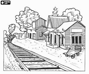 desenho de Uma antiga estação e o trem a vapor para colorir