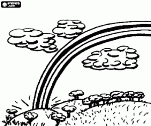 desenho de Arco-íris ou arco-celeste em um céu com nuvens para colorir