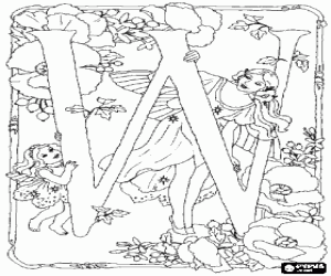 desenho de As fadas brincando com a letra W para colorir