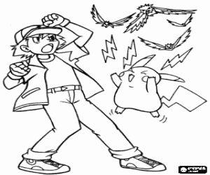 desenho de Ash e seu pokemon Pikachu para colorir