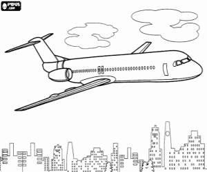 desenho de Avião de passageiros sobre a cidade para colorir
