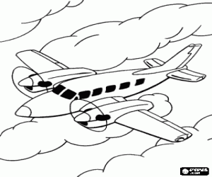 desenho de Avião com hélices em nuvens para colorir
