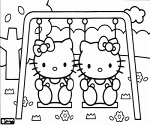 desenho de Balanços com Hello Kitty e Mimmy para colorir