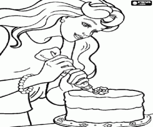 desenho de Barbie e o bolo de aniversário para colorir