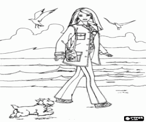 desenho de Barbie e seu cachorro na praia para colorir
