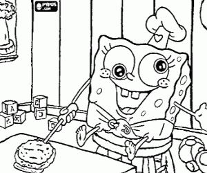 desenho de Bob Esponja bebê na cozinha para colorir