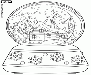 desenho de Bola de cristal, casa de madeira nevando para colorir