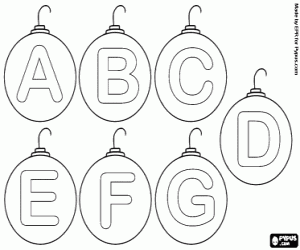 desenho de Bolas de Natal com letras de À até G para colorir