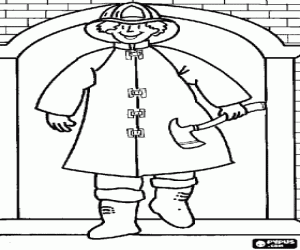 desenho de Bombeiro com um machado e um edifício para colorir