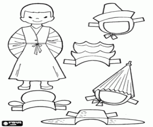 desenho de Uma boneca da Coreia, jogo de vestir para colorir