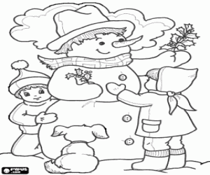 desenho de Boneco de neve com as crianças para colorir