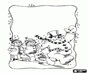 desenho de Boneco de neve e crianças andando para colorir