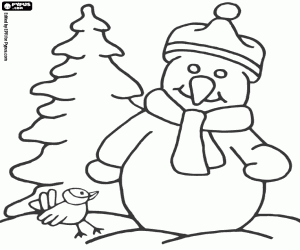 desenho de Um boneco de neve e um pássaro para colorir