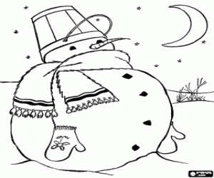 desenho de Um boneco de neve sob a lua para colorir