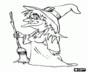 desenho de Bruxa com vassoura mágica para colorir