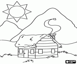 desenho de Cabana de madeira na montanha para colorir