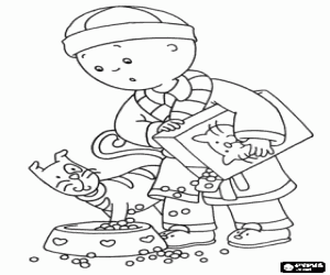 desenho de Caillou e a comida de gato para Gilbert para colorir