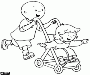 desenho de Caillou e sua irmã em um carrinho de bebé para colorir
