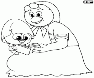 desenho de Calimero com sua mãe e um livro para colorir