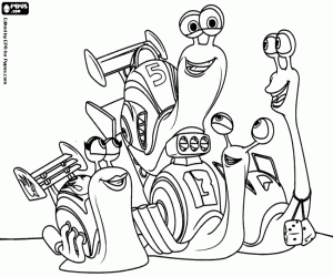 desenho de O caracol Turbo com três amigos para colorir