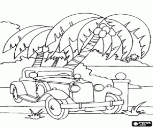 desenho de Carro antigo em uma paisagem tropical para colorir