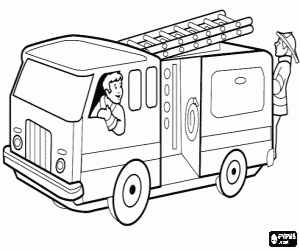 desenho de Carro de bombeiros com as pessoas para colorir
