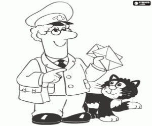 desenho de O carteiro Pat com seu gato e o correio para colorir