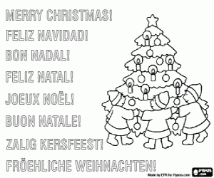 desenho de Cartão com as crianças no Natal para colorir