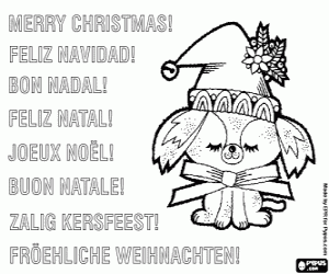 desenho de Cartão de Natal com filhote de cachorro para colorir