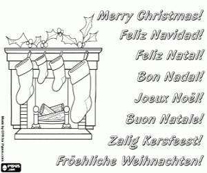 desenho de Cartão de Natal com uma lareira para colorir