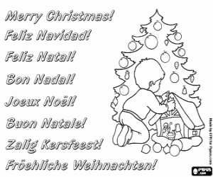 desenho de Cartão com o menino e a estrela de Natal para colorir