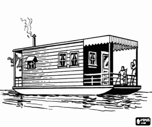 desenho de Um casa-barco no rio para colorir