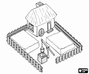 desenho de Uma casa de fazenda com uma água bem para colorir