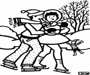 desenho de Casal patinando em um lago congelado para colorir