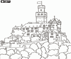 desenho de Castelo com muralha na colina para colorir