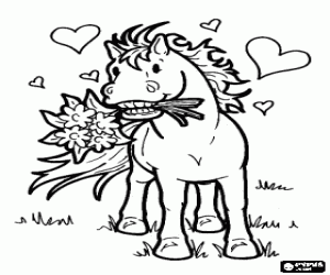 desenho de Cavalinho com flores e corações para colorir