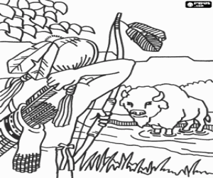 desenho de O caçador com o arco e um bisão para colorir