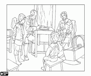 desenho de Uma cena familiar no século XVIII para colorir
