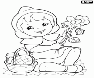 desenho de Chapeuzinho Vermelho e flores para colorir