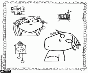 desenho de Charlie e Lola com dois relógios para colorir
