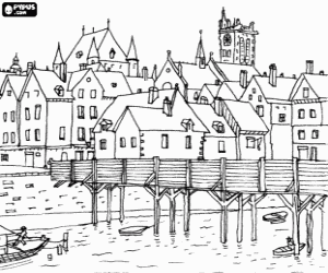 desenho de Cidade medieval com uma ponte para colorir