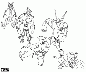 desenho de Cinco alienígenas de Ben 10 Omnitrix para colorir