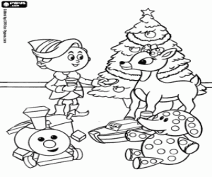 desenho de Clarice, Hermey e os brinquedos para colorir